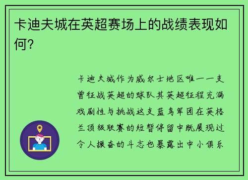 卡迪夫城在英超赛场上的战绩表现如何？